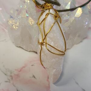 Milky Quartz  Handcrafted Cord Necklace Goldtone wire 16" length w 1" e…